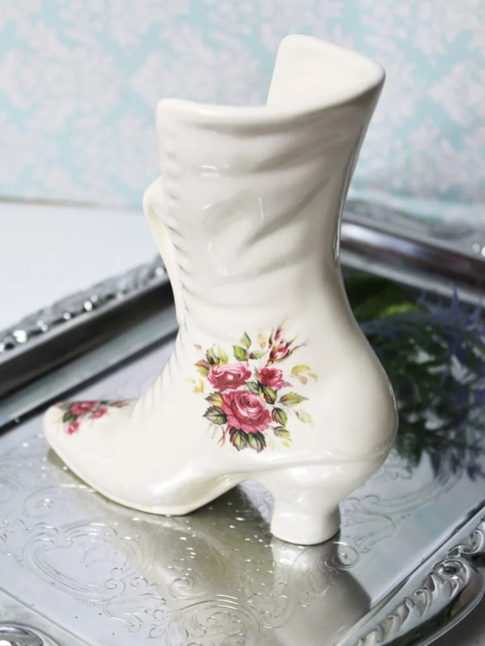 Vintage Ceramic Boot Vase Floral Roses Victorian Style Ladies Boot Cottagecore